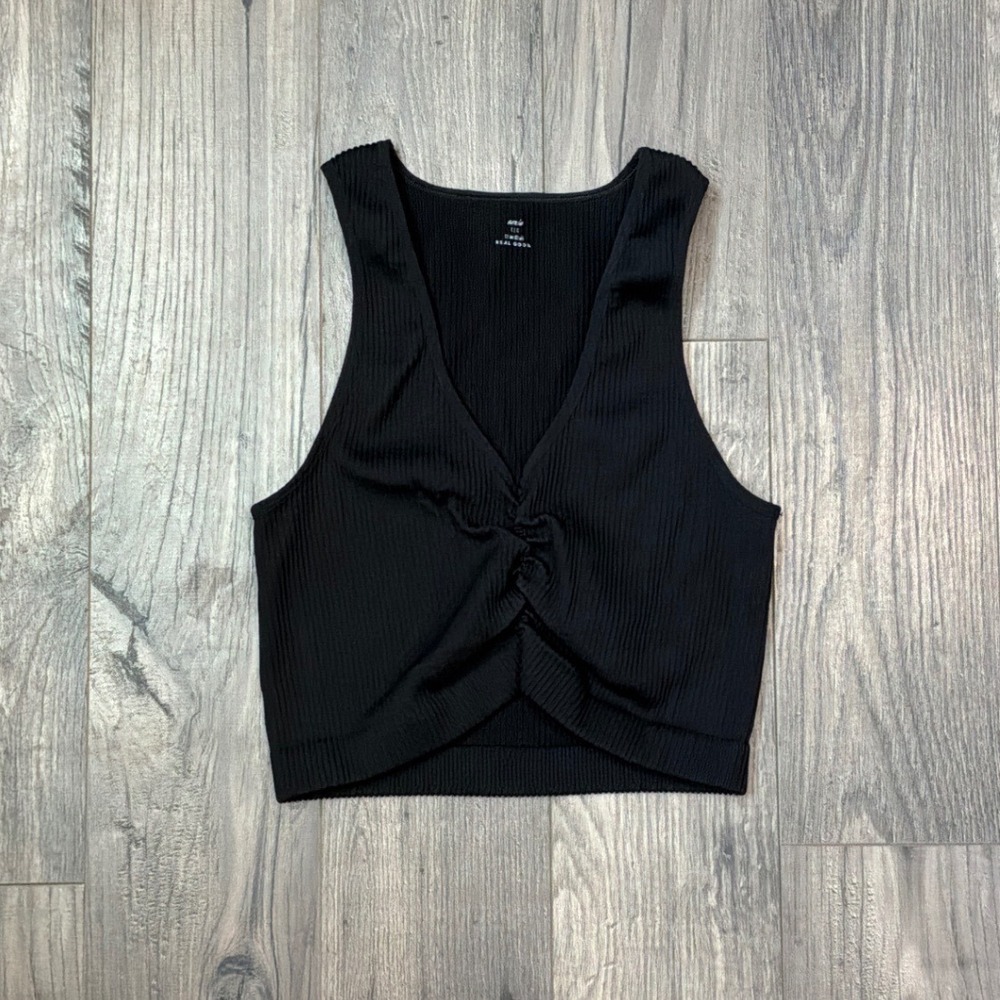Aerie Real Good‎ Black Ribbed V-Neck Ruched Twist Front Cropped Tank Top Large